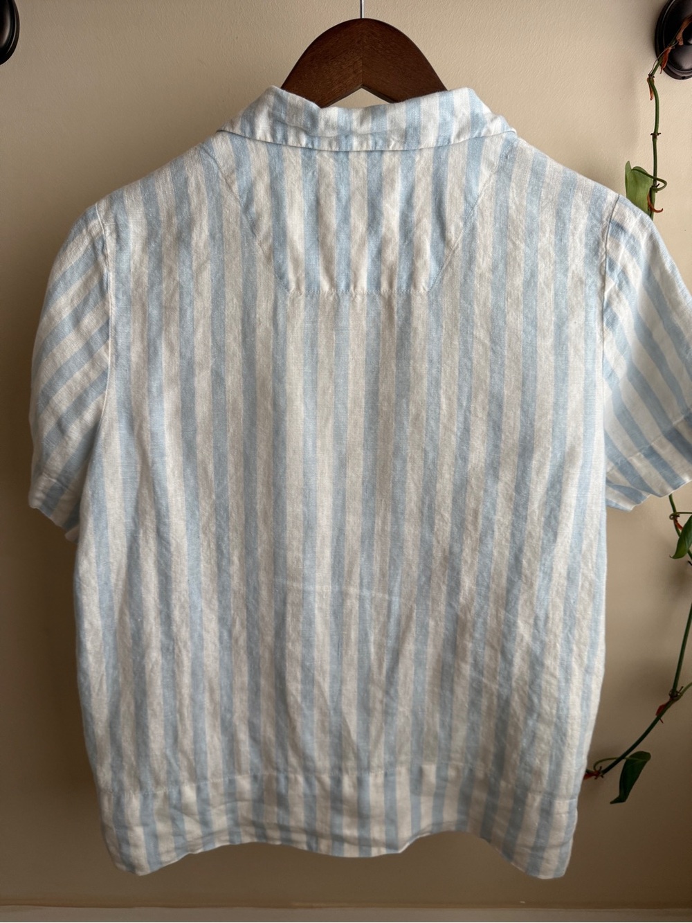 Everlane Blue & White Vertical-Stripe Short Sleeve Button Shirt - Picture 2 of 4